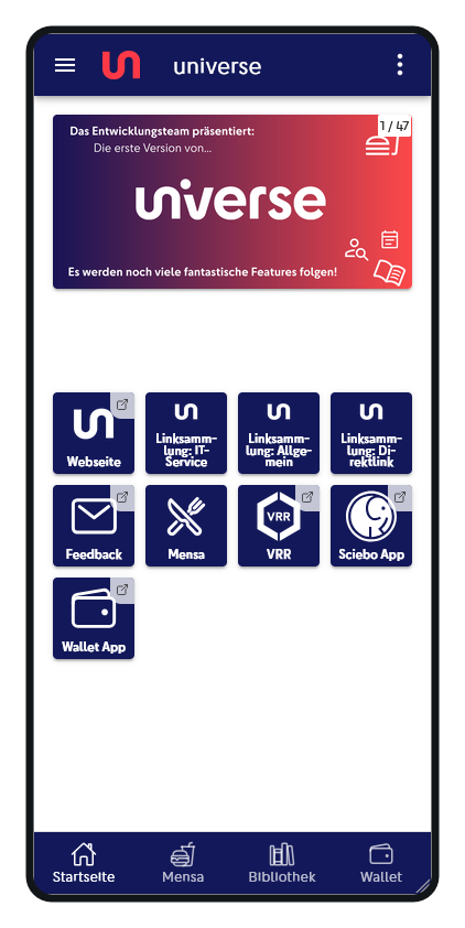 Startseite der Universe App